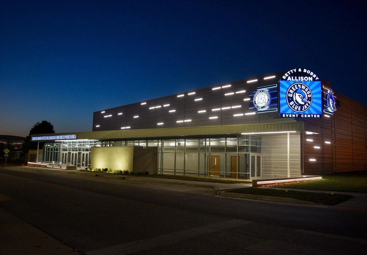 Greenwood Laboratory School event center at dusk